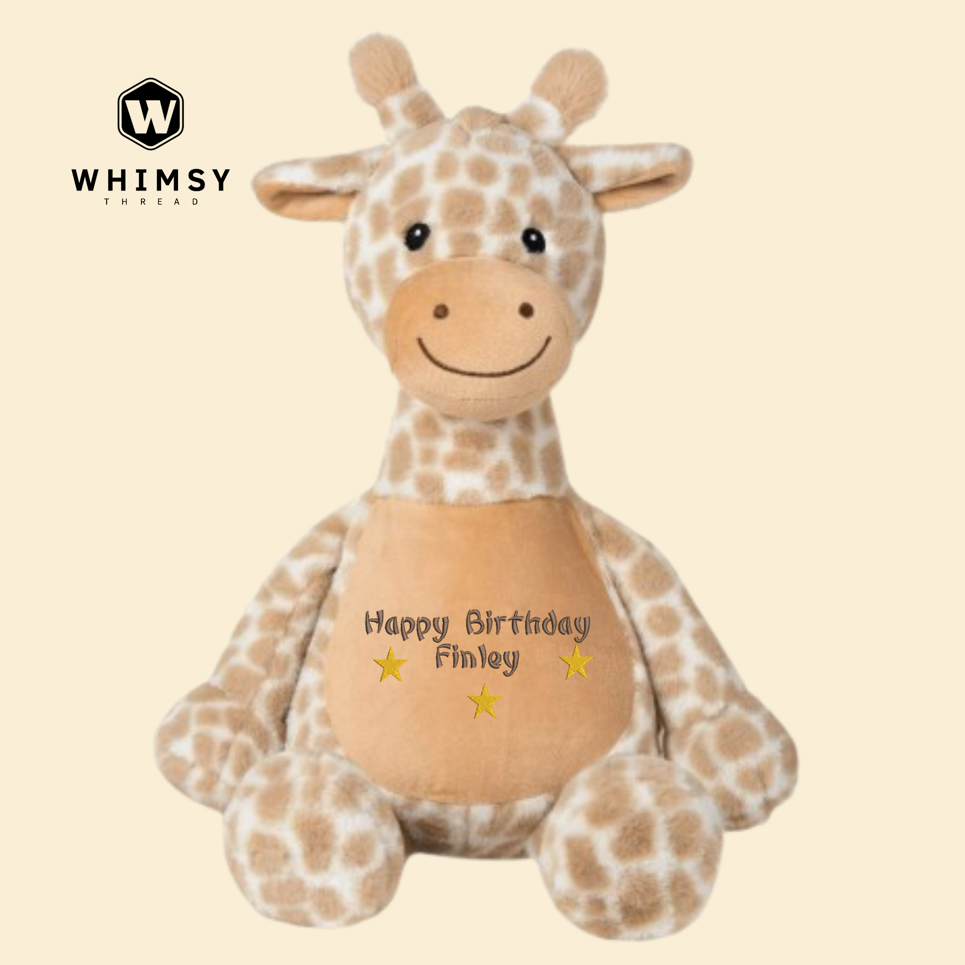 Plush giraffe toy with 'Happy Birthday Finley' text on a beige background, branded with Whimsy Toys.